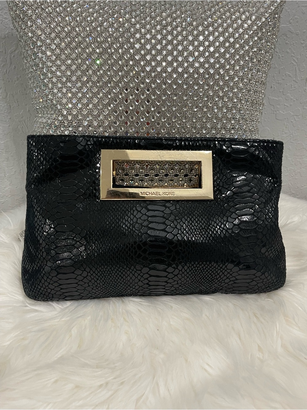 Michael Kors Black Embossed Clutch with Gold-Tone Handle Accent